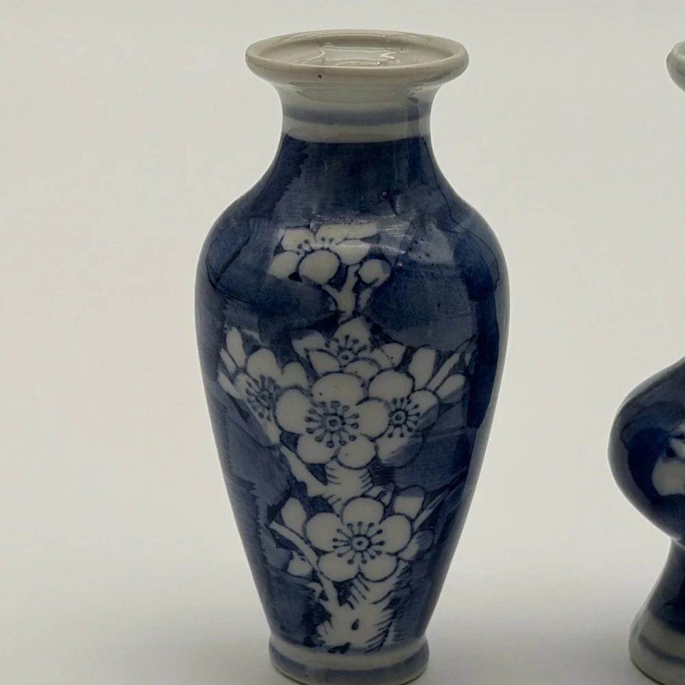 Set of 3 Blue and White Porcelain Miniature Bud Vases Cherry Blossom Floral
